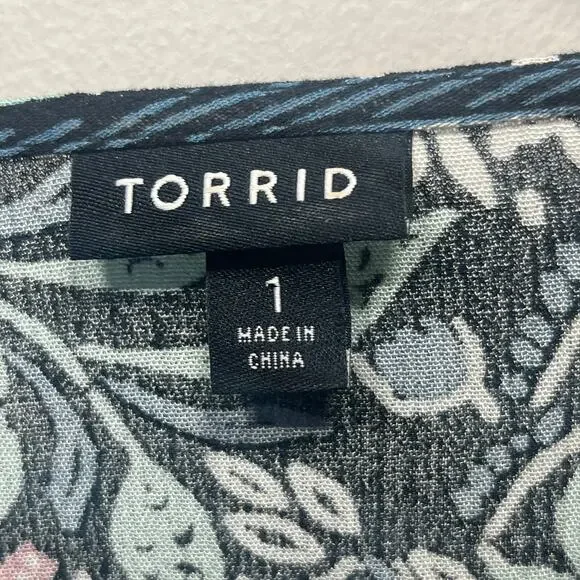 Torrid Tunic Blouse Black Blue Dark Floral Boho Tassel Tie Vacation Gauze 1X - Picture 5 of 7